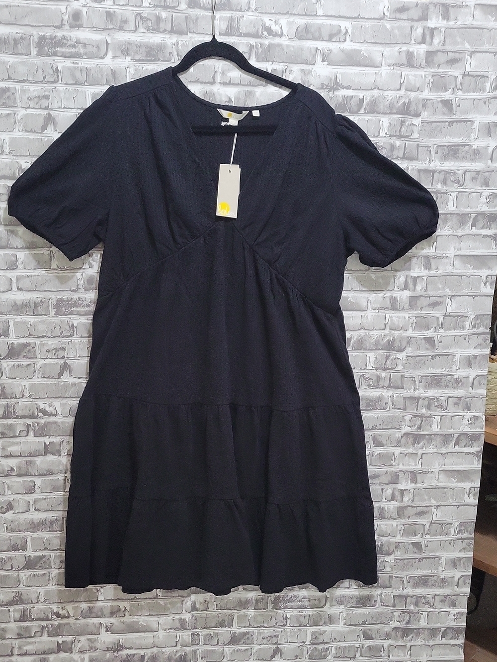 Boden Black Jersey Seersucker Tiered Puff Sleeve Mini Dress Sz 14, Classic
